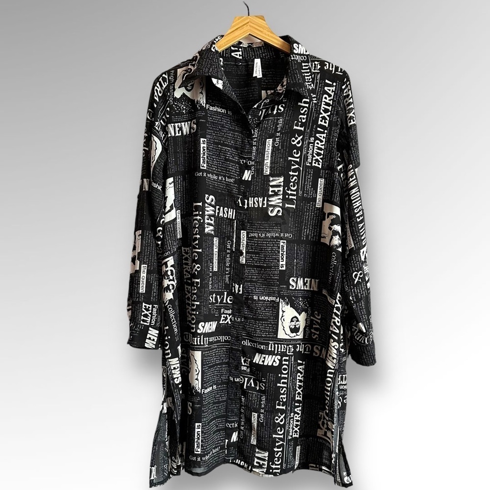 live 4 truth Women Long Sleeve Tunic Sheer Newspaper Print Blouse Size M